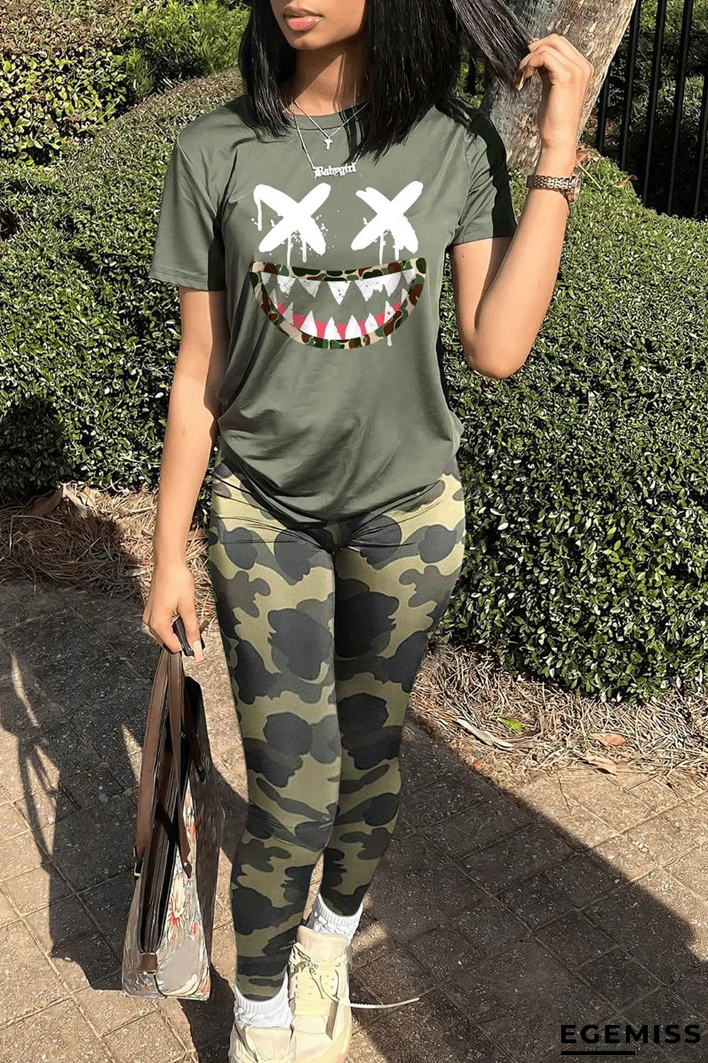 Army Green Fashion Casual Print Basic O Neck Short Sleeve Two Pieces | EGEMISS