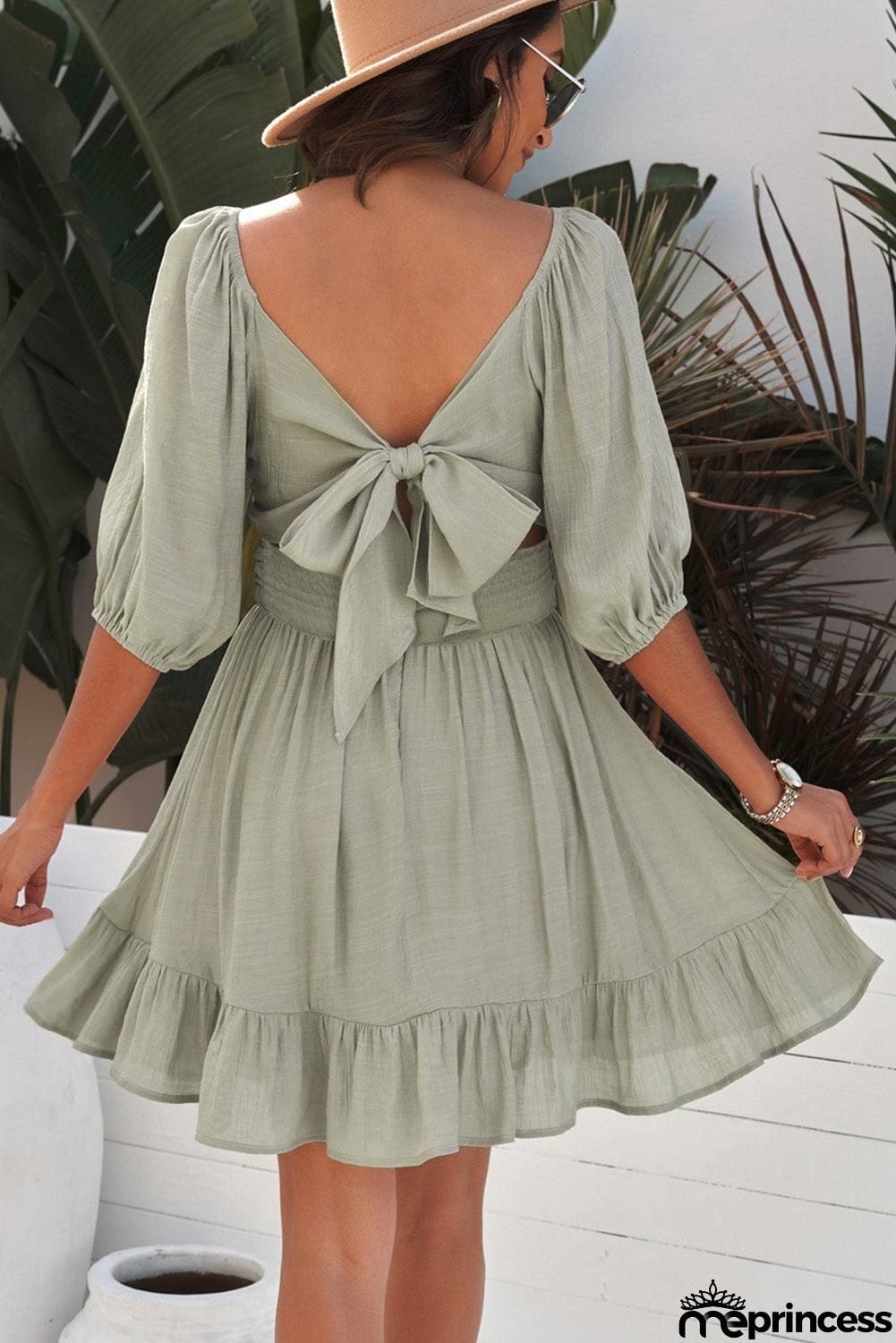 Tie-Back Ruffled Hem Square Neck Mini Dress