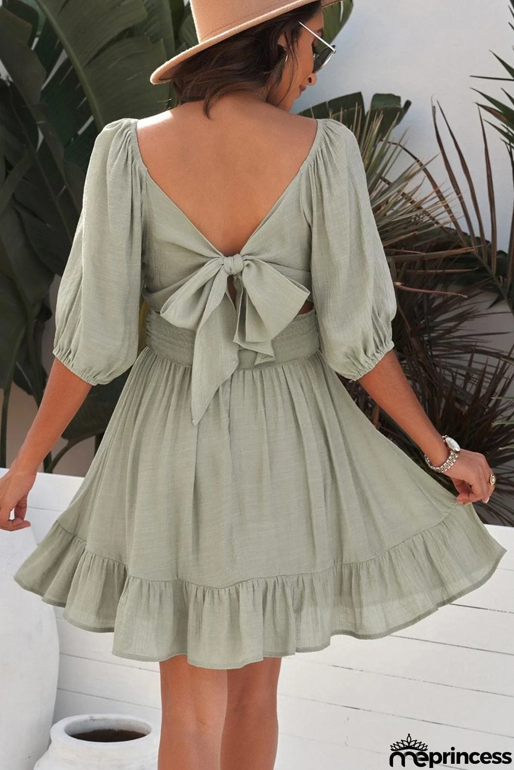 Tie-Back Ruffled Hem Square Neck Mini Dress