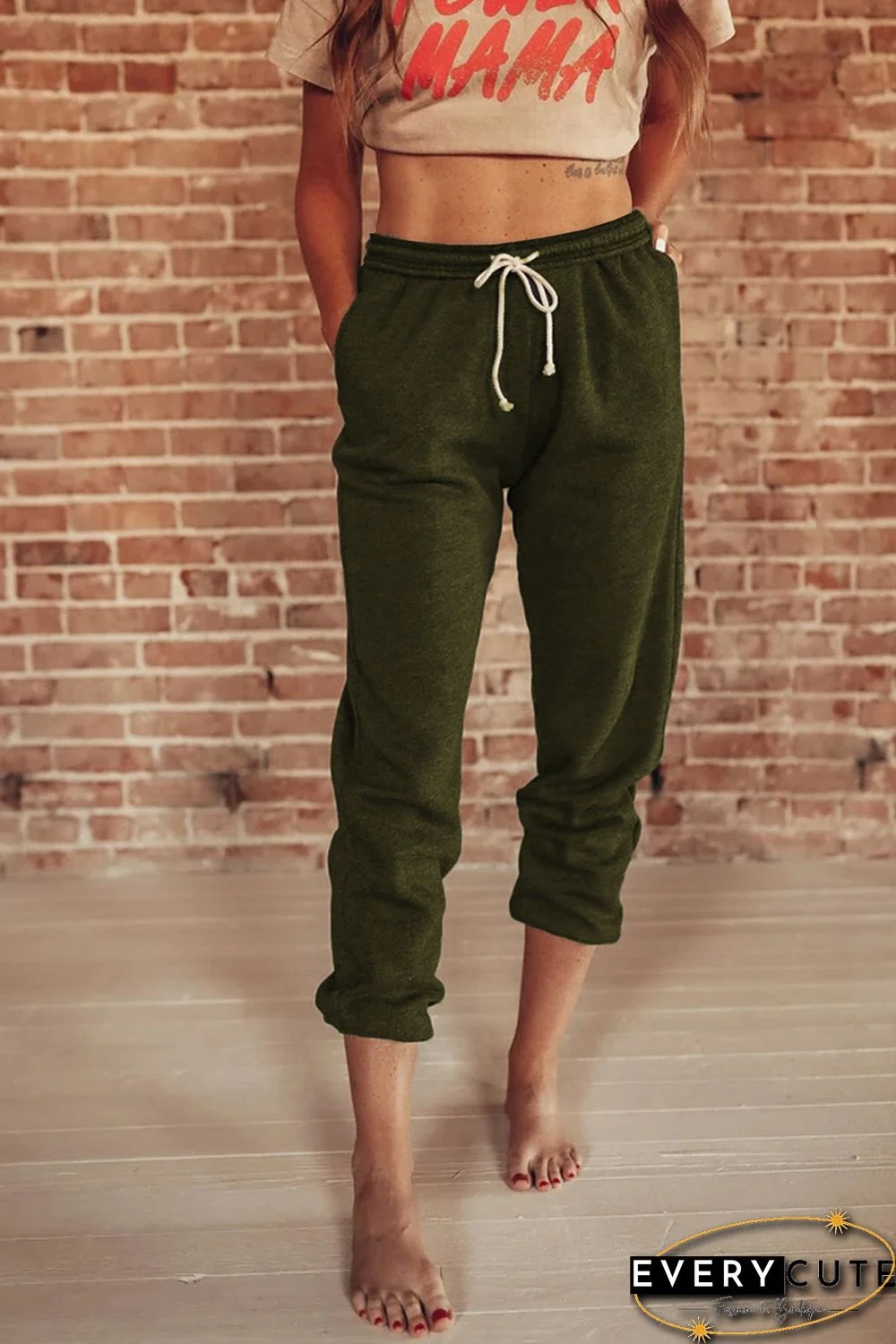 Green Drawstring Waist Pockets Sweatpants