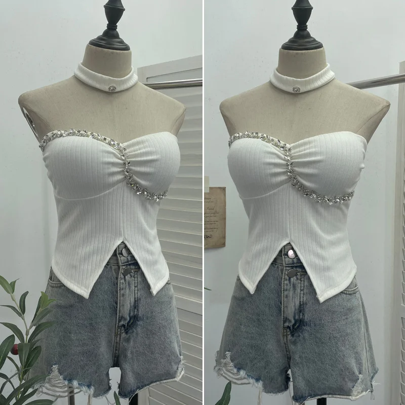 Uveng Thai-Style Hanging Neck Small Sling With Drill With Chest Pad Irregular Wearing Sleeveless Knitting Top 9211