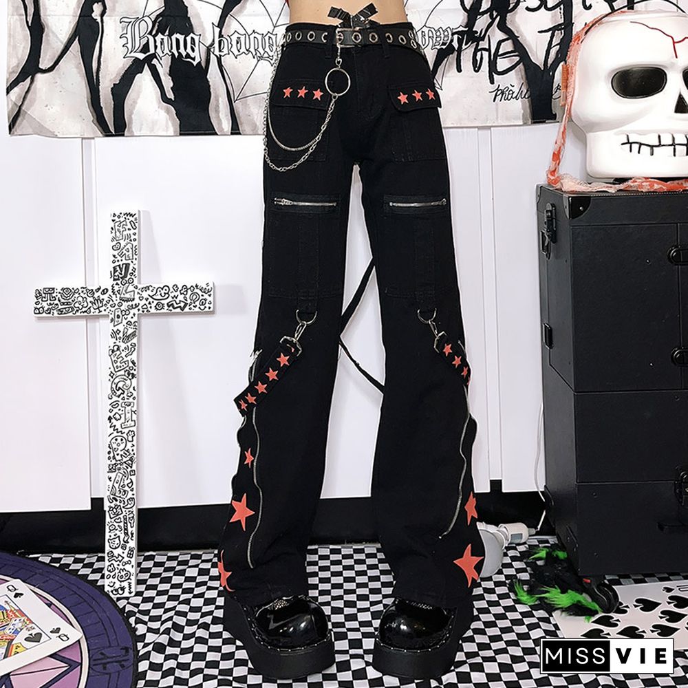 Star Print Ribbon Pocket Casual Denim Pants