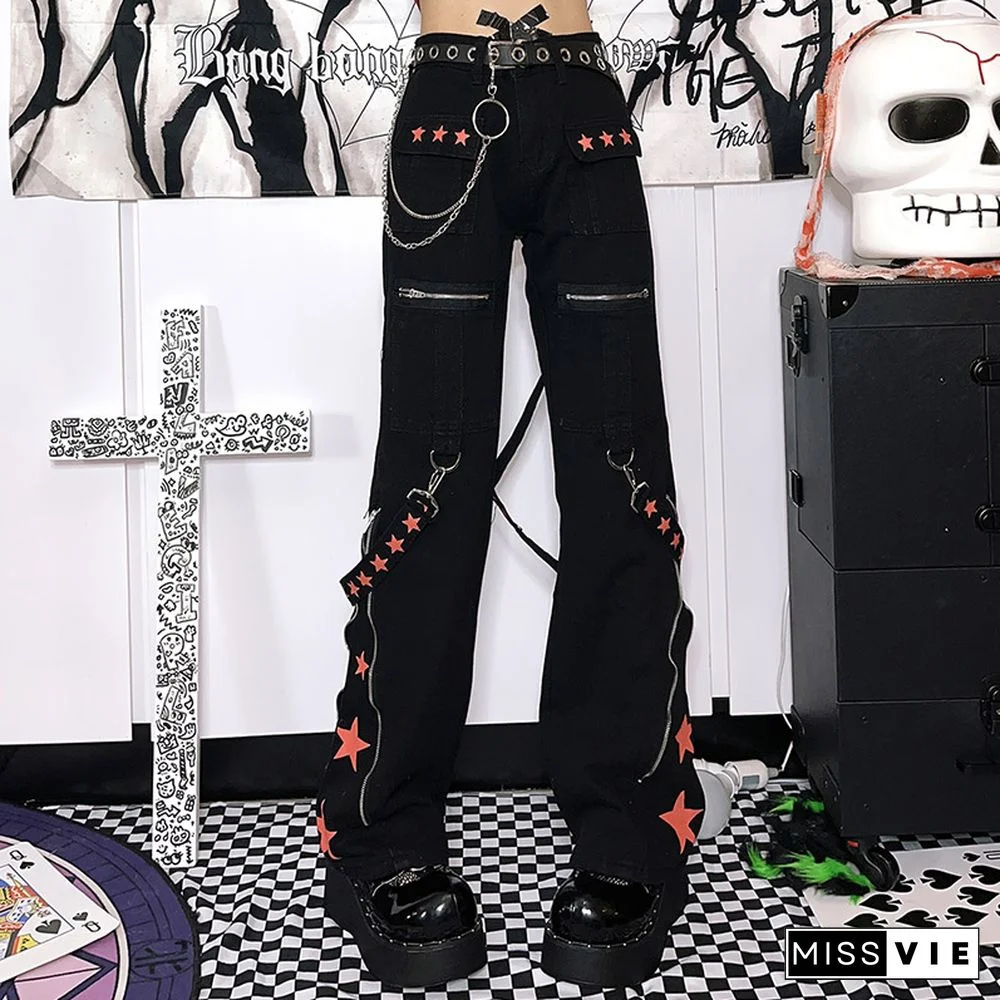 Star Print Ribbon Pocket Casual Denim Pants