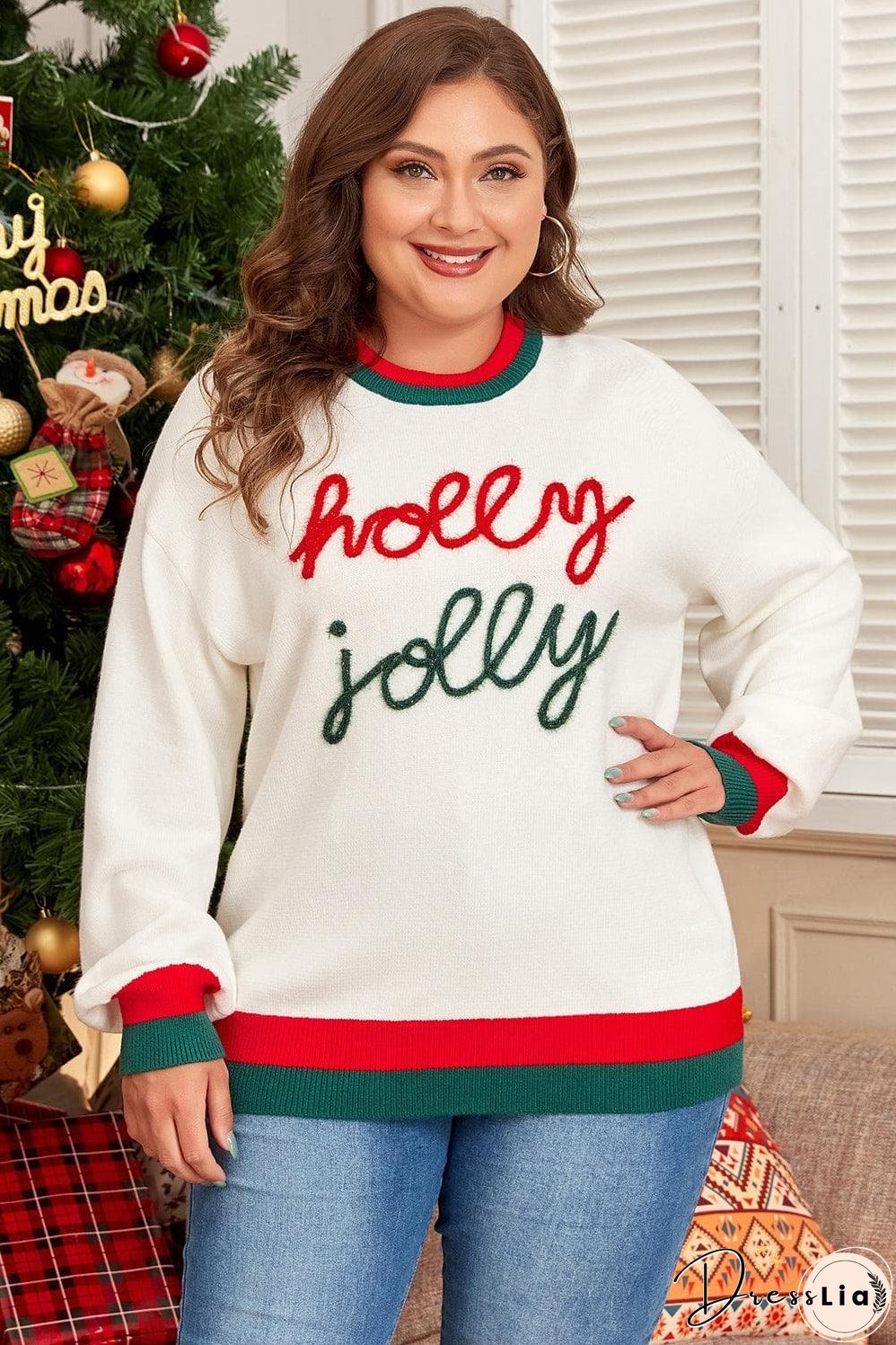White Tinsel holly jolly Pattern Colorblock Edge Drop Shoulder Plus Size Sweater