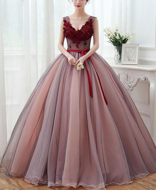 Unique V Neck Tulle Lace Long Prom Dress, Tulle Evening Gown