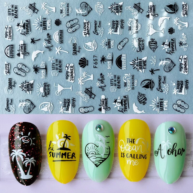 1pcs Black Gold Sping Leaves 3D Nail Sticker Coconut Tree Leaf Pattern Adhesive Transfer Decals Shiny DIY Nail Decoration