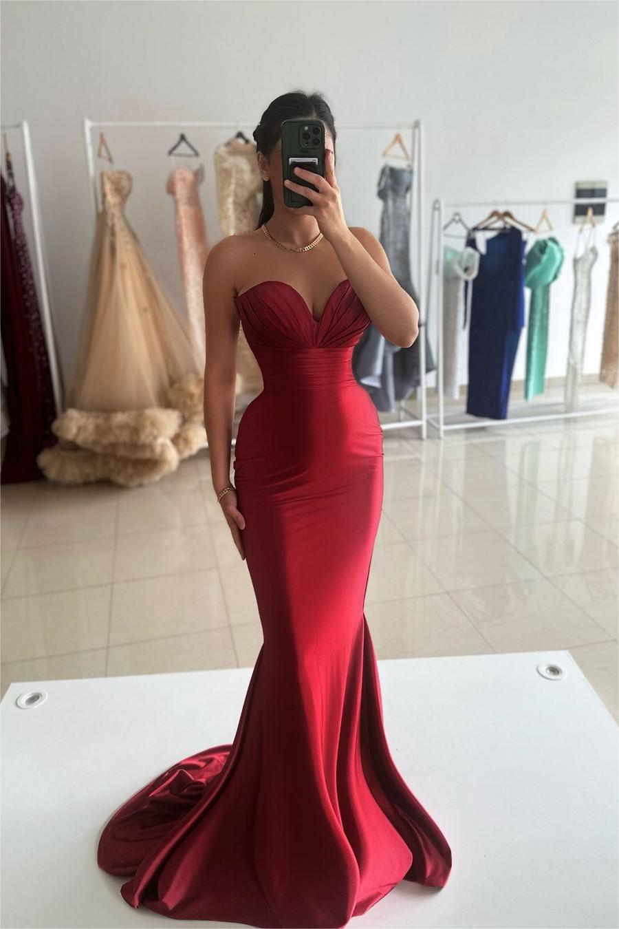 Oknass Stunning Burgundy Stain Strapless Sleeveless High Waist Mermaid Long Prom Dress