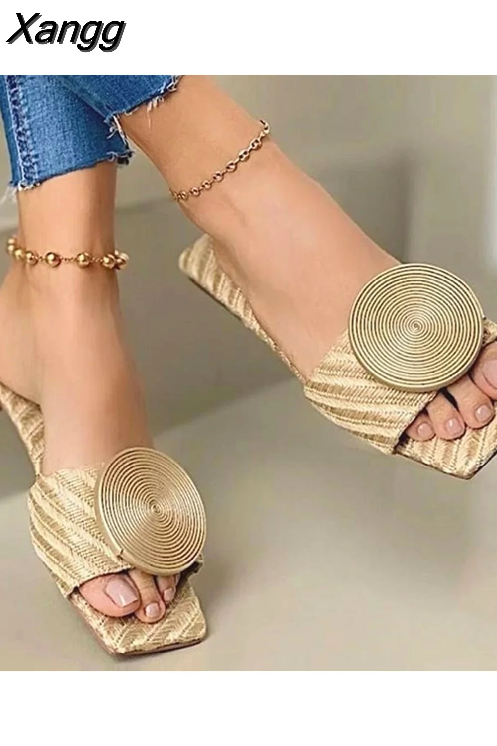 Punklens New Fashion Beach Shoes Woman Summer Flat Sandals Plus Size Round Buckle Solid Flats Female Casual Slippers Ladies Women