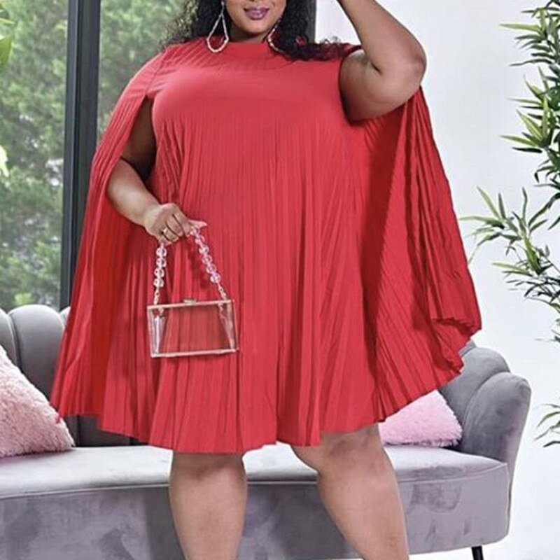 QJONG Women Red Dress Loose Cloak Sleeve Pleat Party Event Sexy Occasion Birthday African Large Plus Size Ladies Female Vestidos Robes