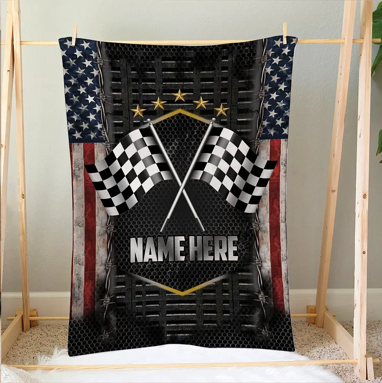 Personalized Racing Blanket, Checkered US Flag Soft Cozy Blankets | BKKid364