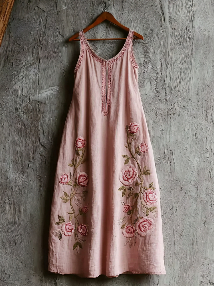 Vintage Cottagecore Pink Roses Art Linen Tank Dress elevenforest