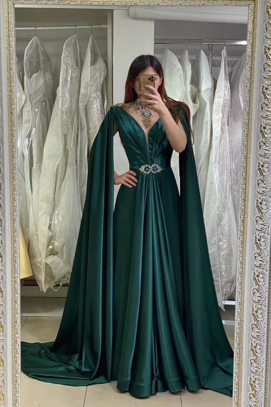 Oknass Dark Green A-Line V-Neck Long Beads Prom Dress With Ruffles