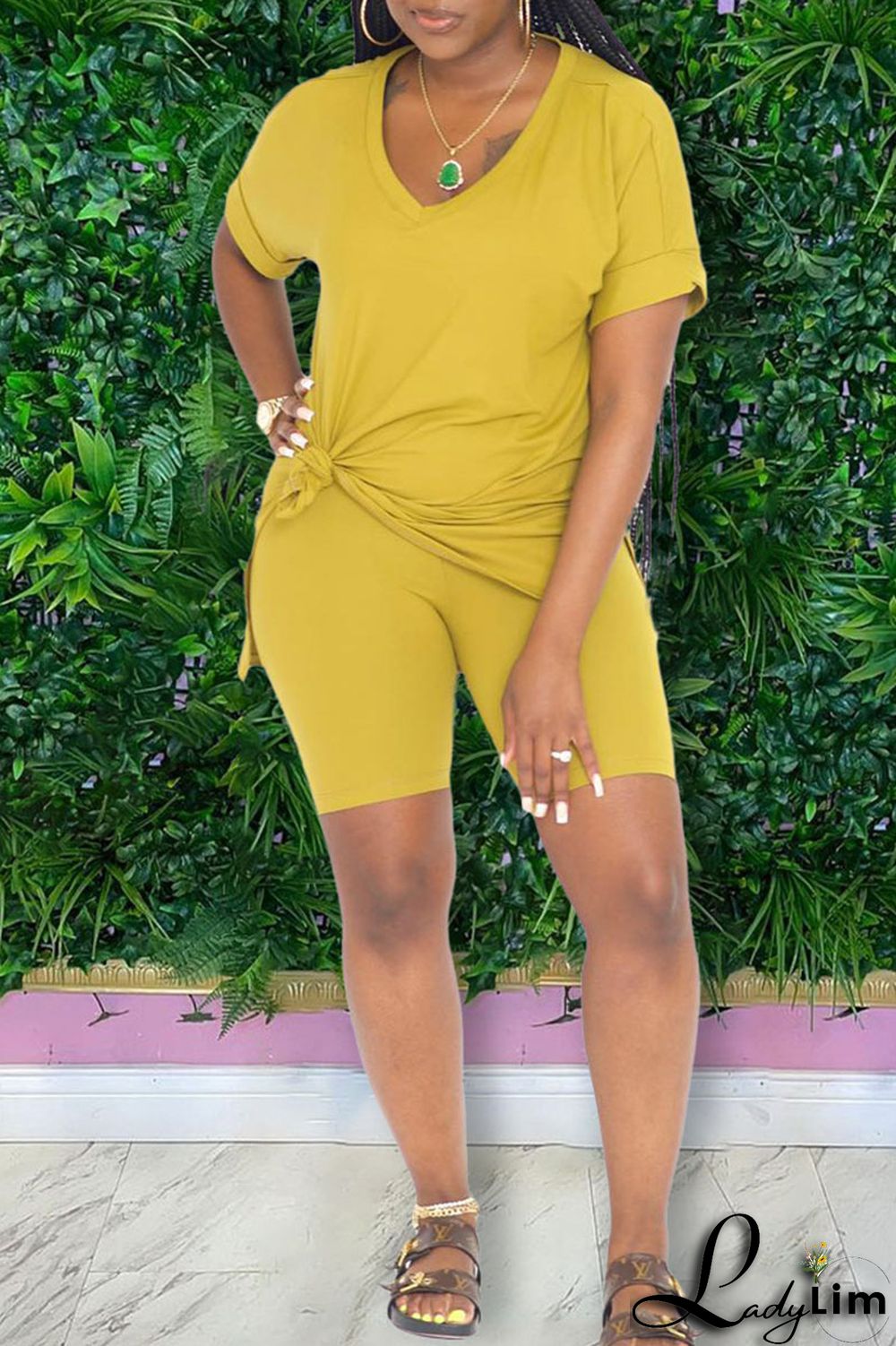 Yellow Casual Solid Patchwork V Neck Short Sleeve Two Pieces