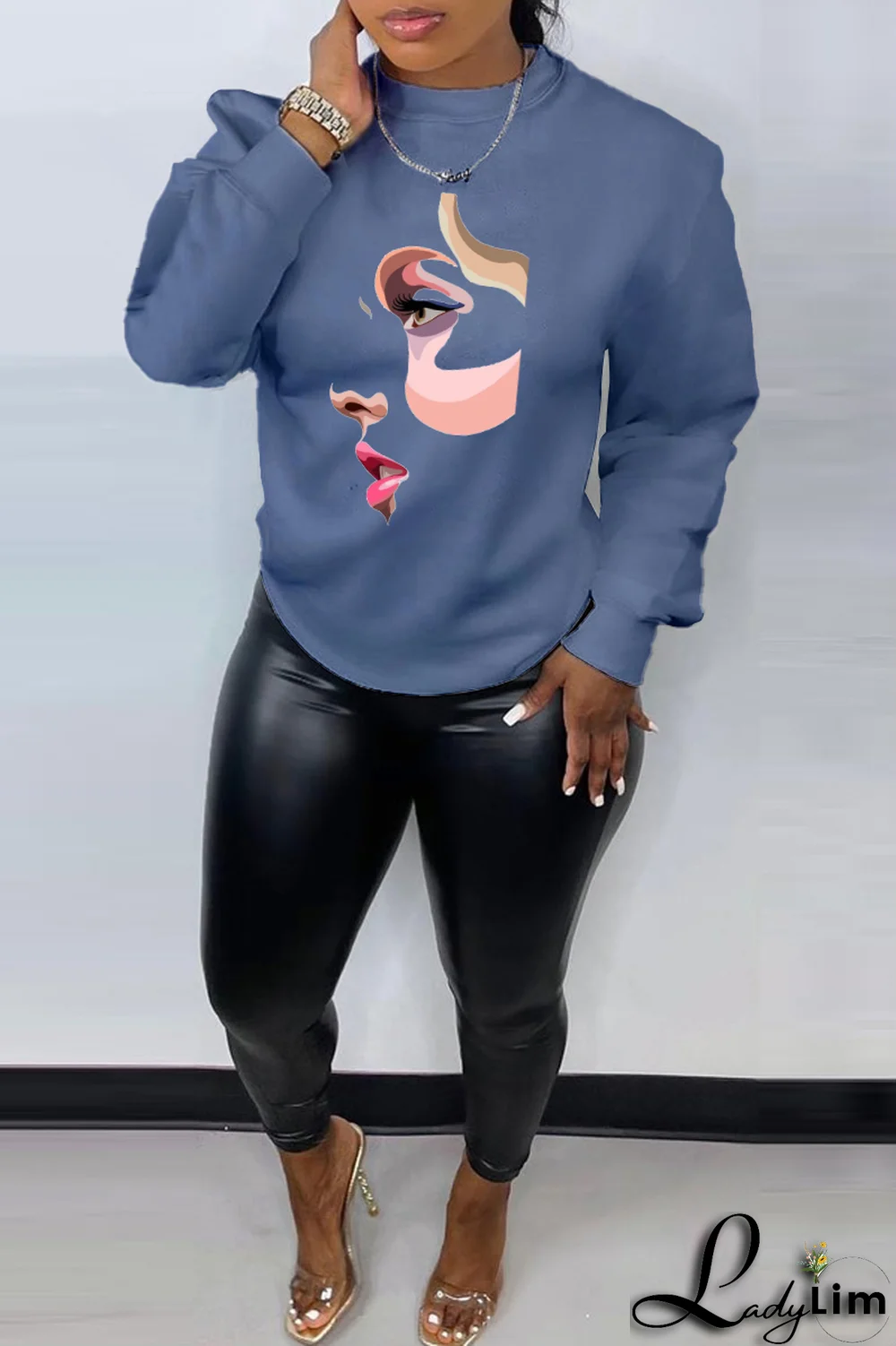 Blue Casual Daily Print Patchwork O Neck Tops