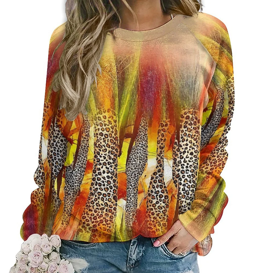 Printed Long Sleeve Casual Sweatshirt for  Women and Men Unisex Pattern Brown, Floral, Leopard