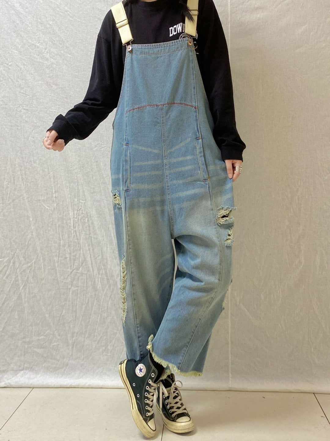 Women's Hole Casual Retro Cropped Workwear Denim Overalls Jumpsuit