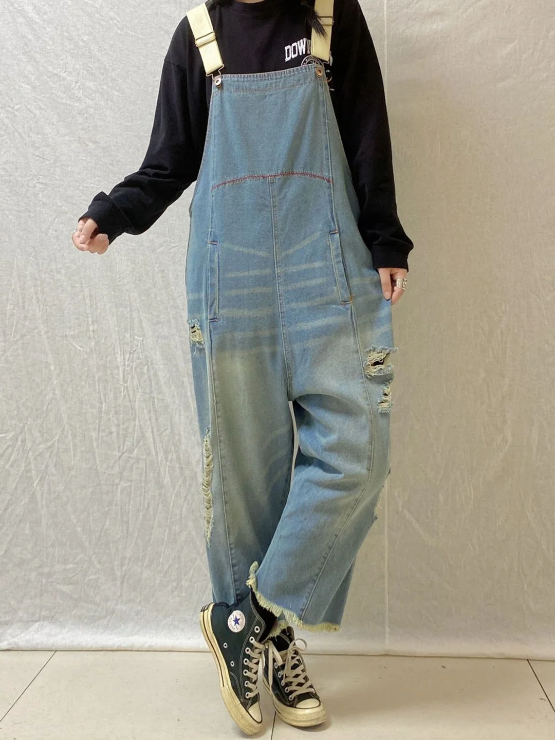 Women's Hole Casual Retro Cropped Workwear Denim Overalls Jumpsuit