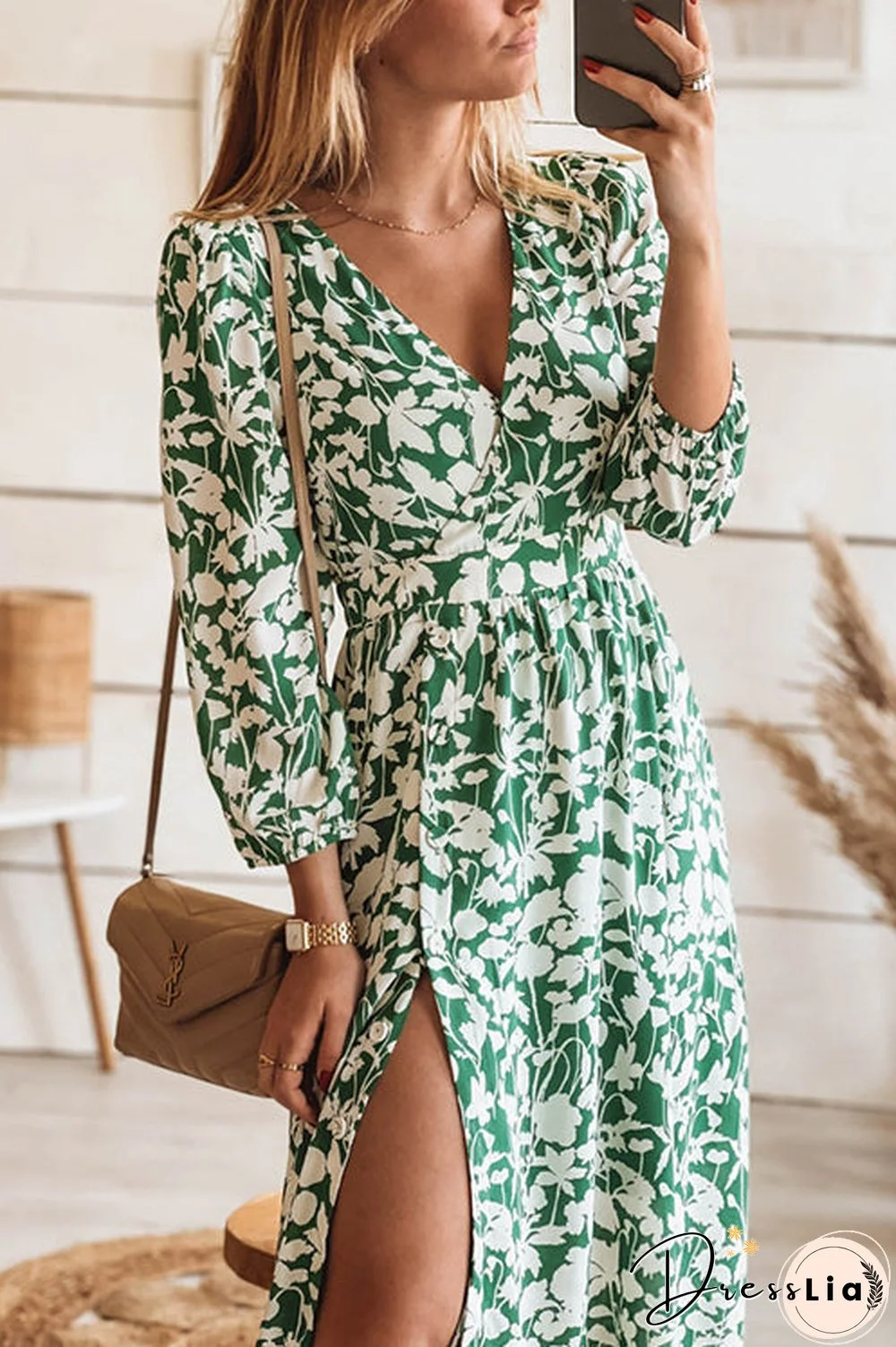 Print Seven Sleeve Slit Wrap Maxi Dress