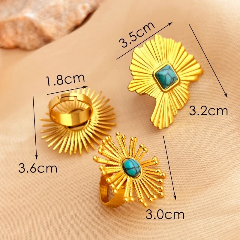 Casual Retro Minimalist Sun 304 Stainless Steel Turquoise 18K Gold Plated Inlay Open Rings