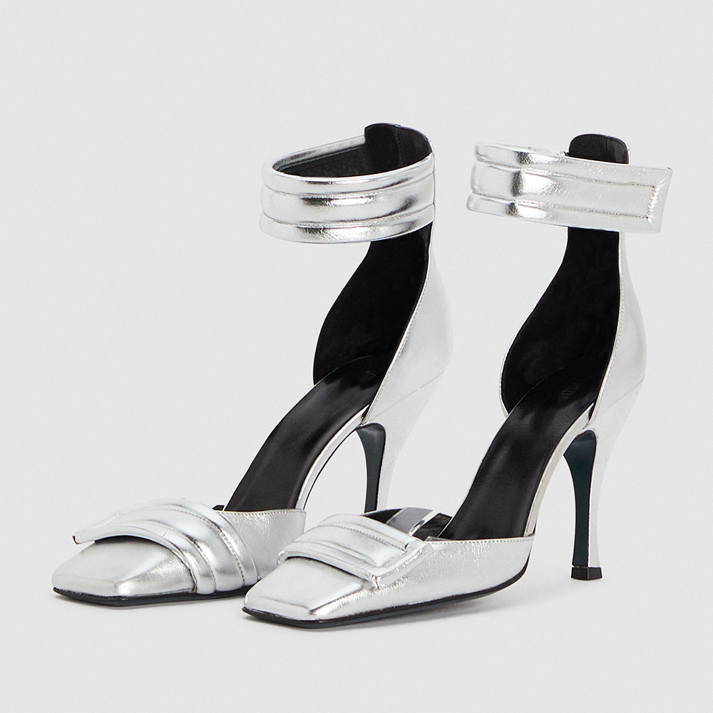 Silver Square Toe 3'' Stiletto Heel Ankle Strap Pumps Nicepairs