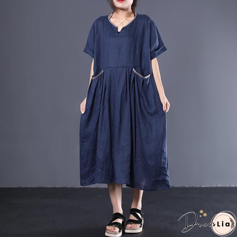 V-Neck Pleated Solid Color Loose Dress