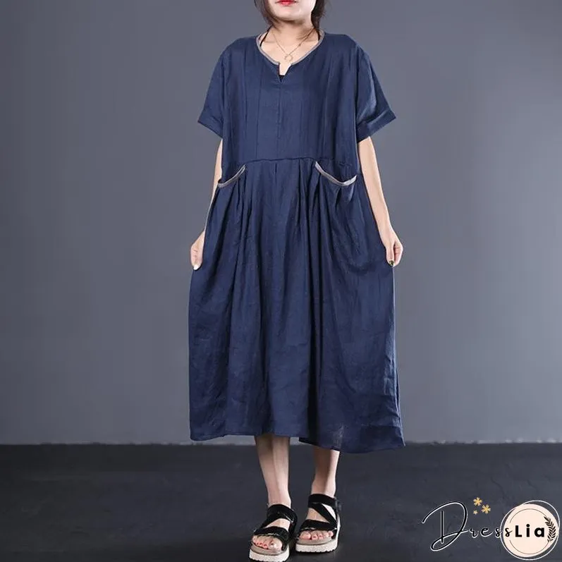 V-Neck Pleated Solid Color Loose Dress