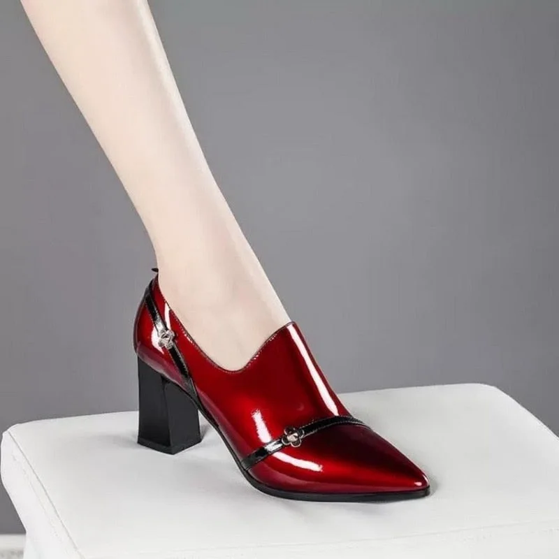 2020 New Autumn Shoes Woman High Heels Women's Pumps Soft Patent Leather Shoe Thick Heel Fashion Pointed toe Deep BLACK Wine-red