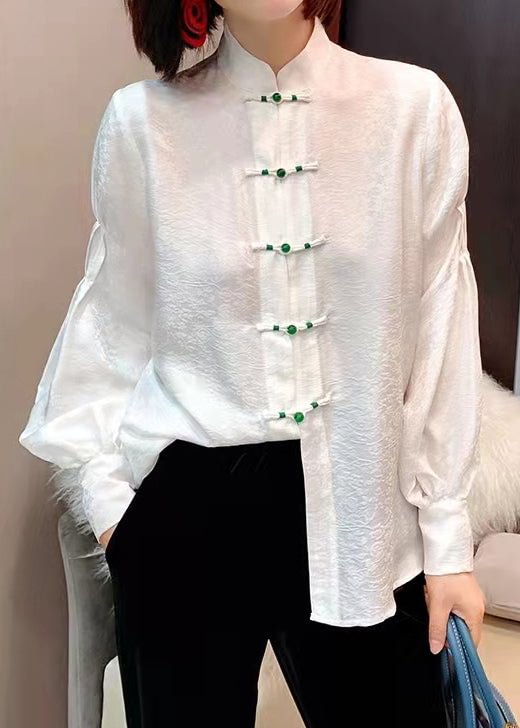 Chinese Style White Stand Collar Button Jacquard Silk Blouse Tops lantern sleeve CK974- Fabulory
