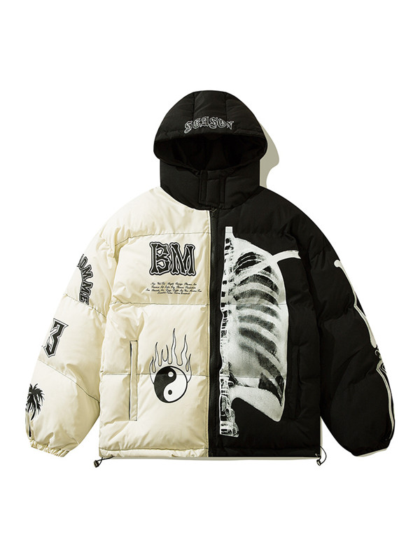Skull Printed Color Block Padded Zip Up Jacket