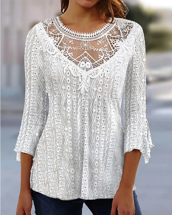 Elegant Solid Lace 3/4 Sleeve Casual Top