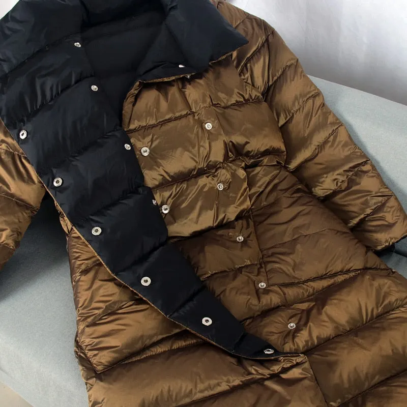 FTLZZ Duck Down Jacket Women Winter Long Double Sided Plaid Coat Female Plus Size Warm Down Parka Slim Outwear