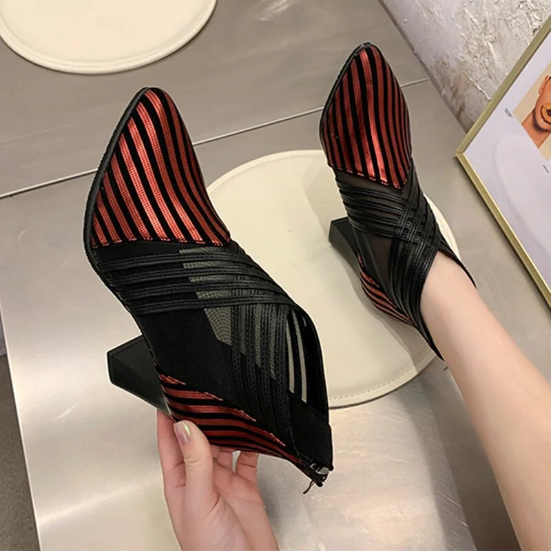 Summer Fashion solid mesh high heels pointed toe cross lines decoration ankle lady boots grace women ventilate boots red/black