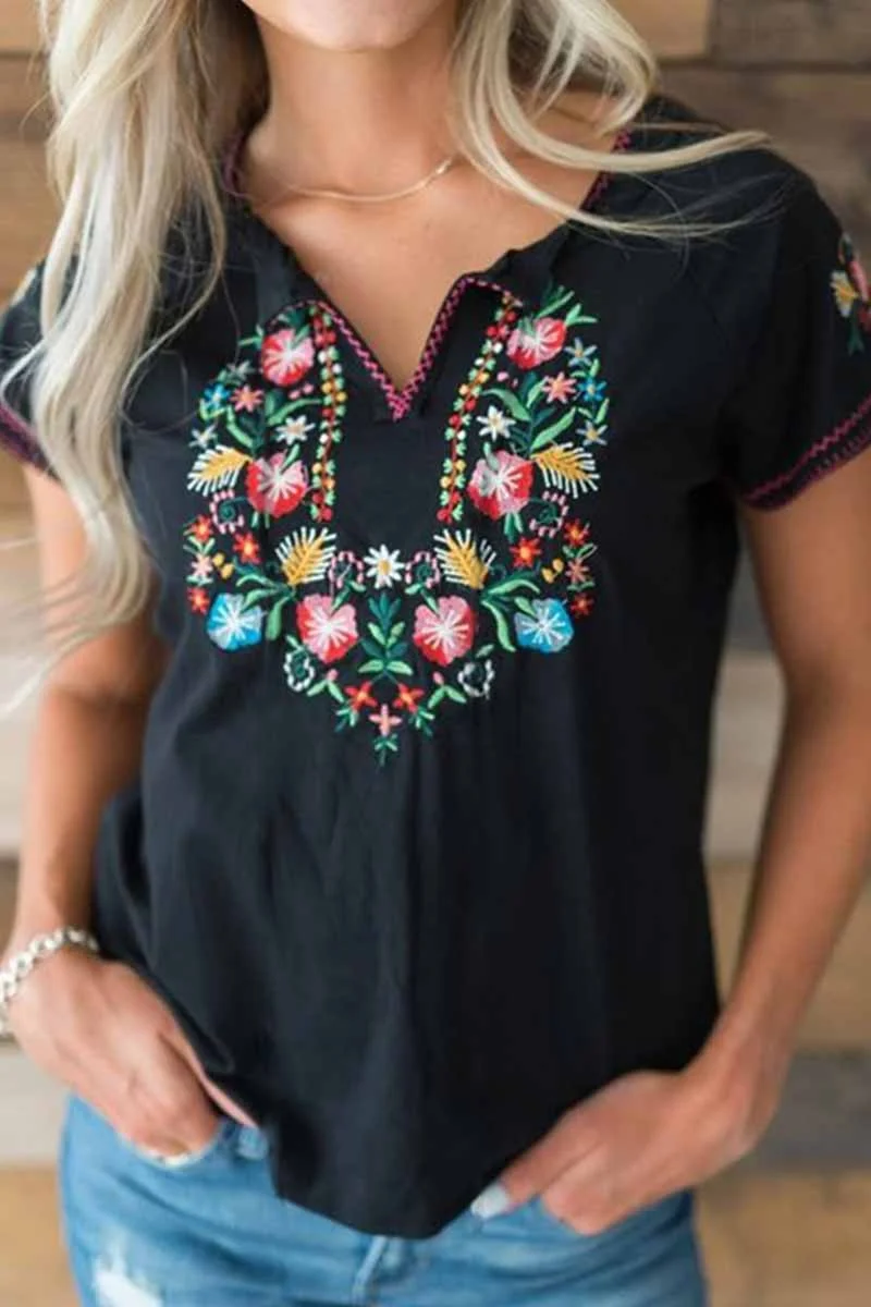 Abebey Spring And Summer Retro Embroidery Short Sleeves Tops