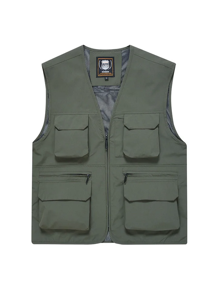 Loose Men's Multi-Pocket Outdoor Casual Photography Fishing Zipper V-Leader Vest Large Size Shoulder Jacket Cardigan-Cosfine
