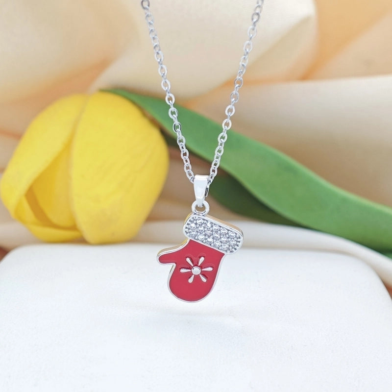 Titanium Steel Copper Cable Chain Enamel Inlay Christmas Hat Santa Claus Christmas Socks Pearl Zircon Pendant Necklace