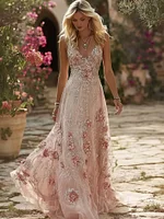 Vintage Boho Roses Embroidered Flowy Maxi Cami Dress