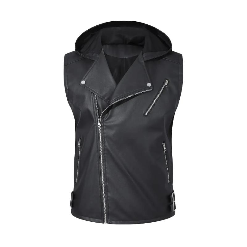 Men's Vintage Leather Zip-Up Biker Hooded Vest 42810922M