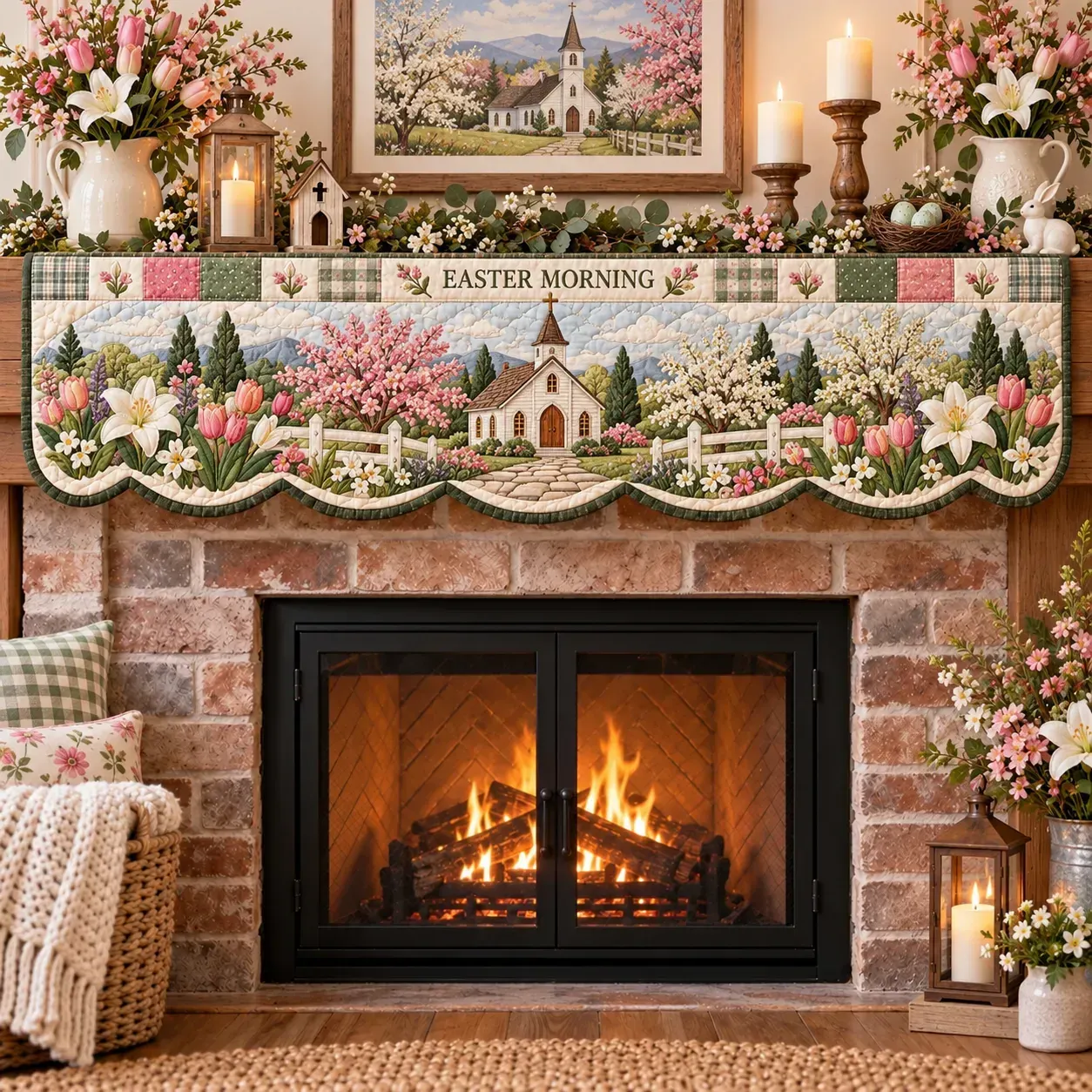 Easter Morning mantel scarf with spring blossom and a country church