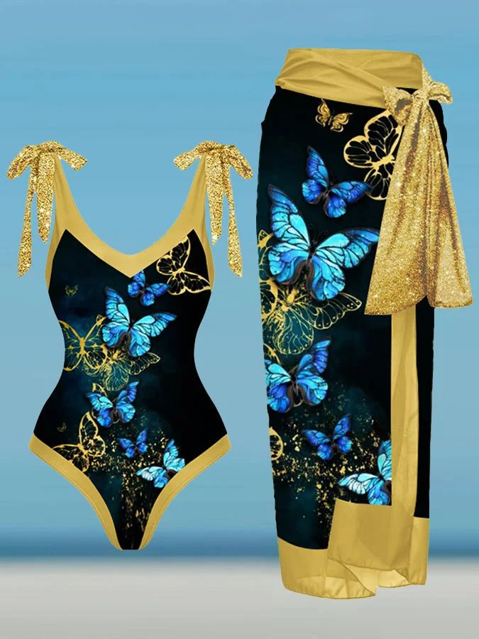 Vintage V-Neck Butterfly Colorblock Print One Piece Swimsuit Set