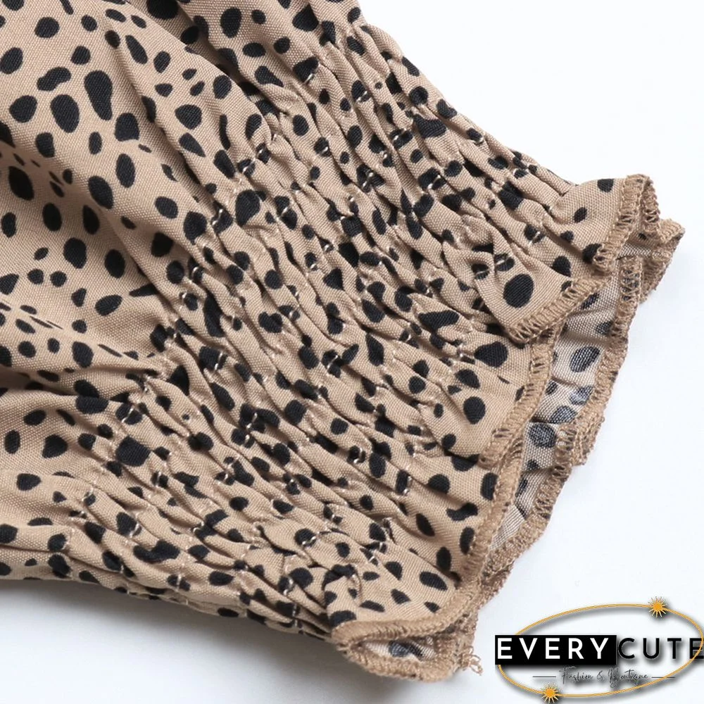 Khaki Leopard Ruffle Detail Long Sleeve Maxi Dress