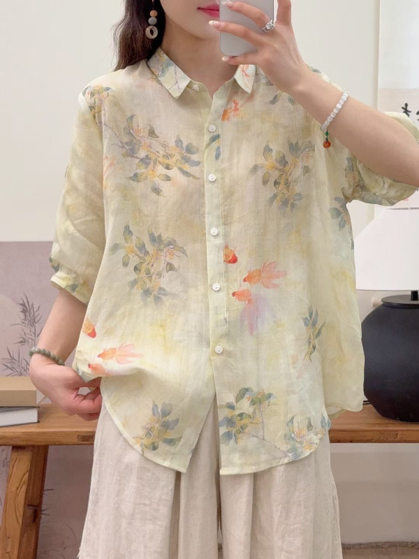 Vintage Printed Lapel Ramie Shirt