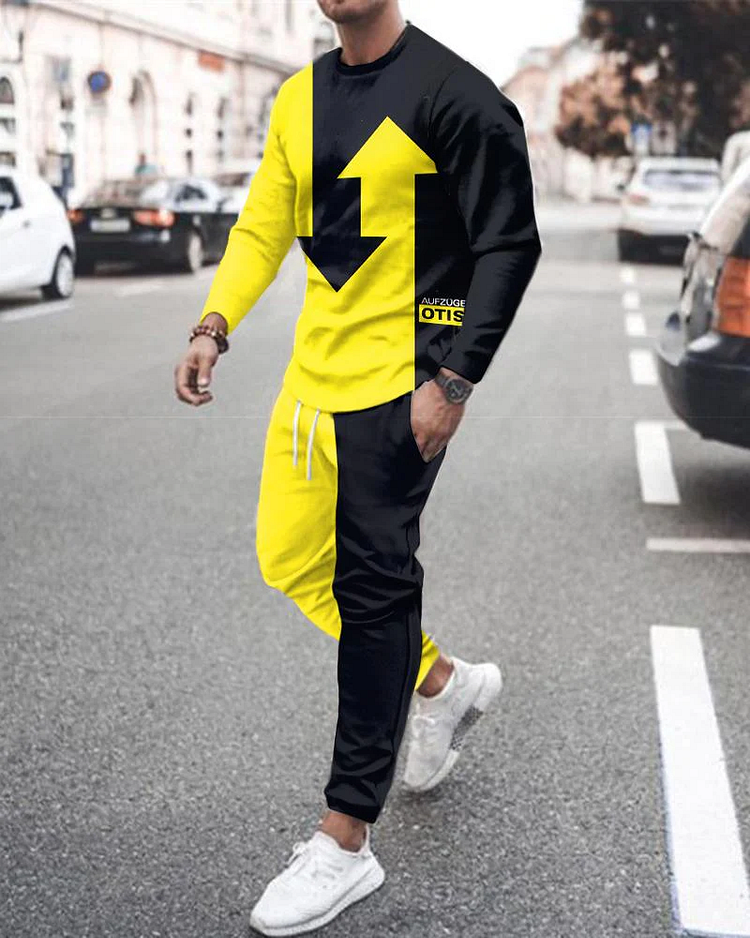 Men's casual color-block print color-block long-sleeved sports set 022