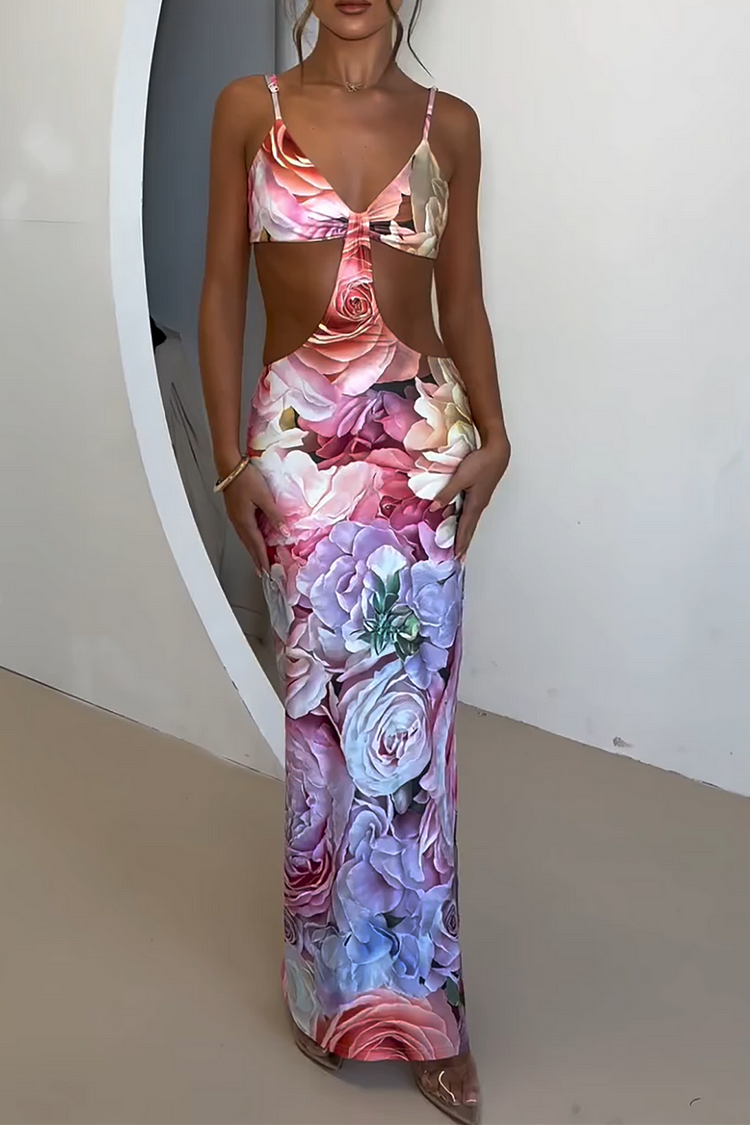 V Neck Cutout Backless Floral Print Fitted Slip Maxi Dresses-Red [Pre Order]