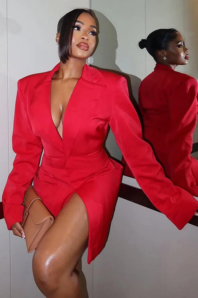 Plunge Neck Long Sleeve Cinch Waist Blazer Mini Dresses-Red [Pre Order]