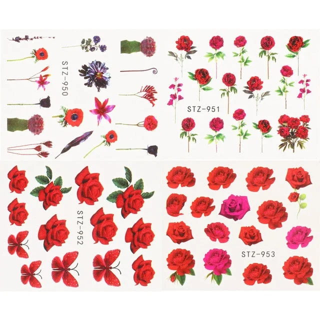 Nail Stickers Water Transfer Spring Summer Multiple Colors Flowers Designs 4Pcs/Set Nail Decal Decoration Tips For Beauty Salons-Nail Inspo