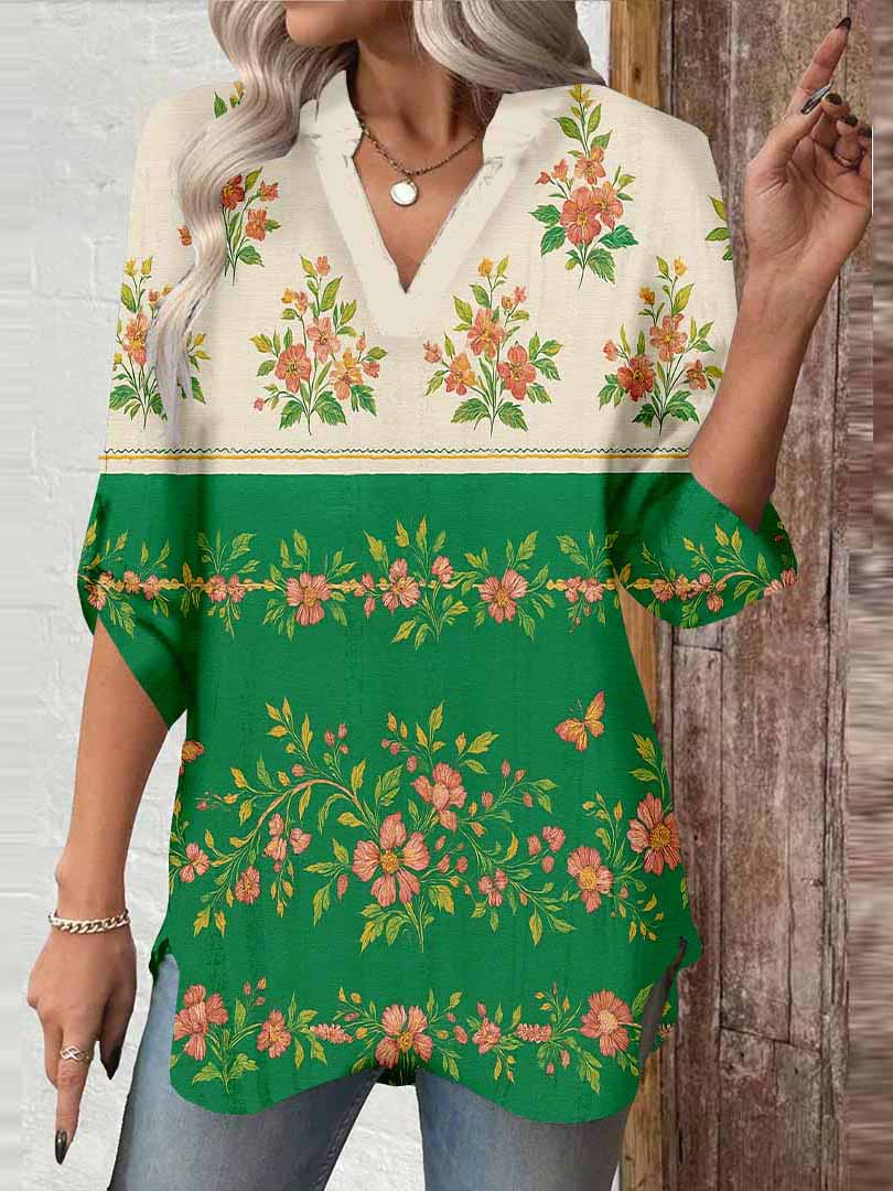 Women Leaves, Green, Red DZGA0171 3/4 Sleeve V-neck Printed Graphic Button Tops