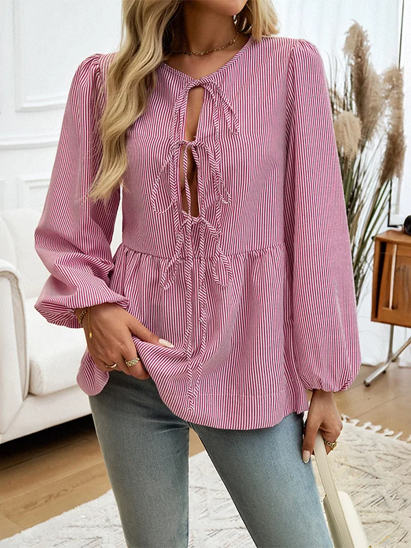 Tied Striped Pleated Elasticity Puff Sleeves Loose Round-Neck Blouses&Shirts Tops