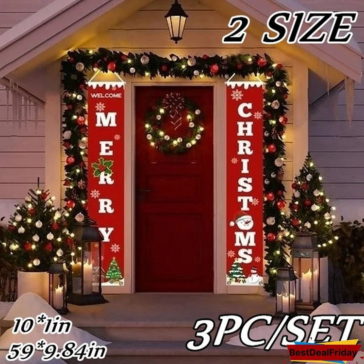 3 Pcs/Set Merry Christmas Banner Door Curtain Xmas Tree Welcome Home Couplet Hanging Decoration(2Pc 59In Rectangle And 1Pc 10In Square )With 3 Hooks And 3 Ropes