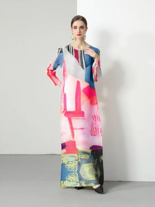 Classic Print Pleated Long Sleeve Maxi Dress
