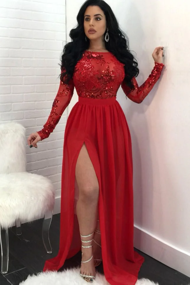 knee length dresses for ladies Long Sleeves Maroon Lace Beaded Long Evening Prom Dresses, Cheap Sweet –  SposaDresses